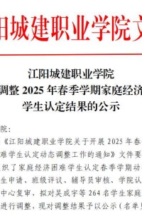 江阳城建职业学院关于调整2025年春季学期家庭经济困难学生认定结果的公示